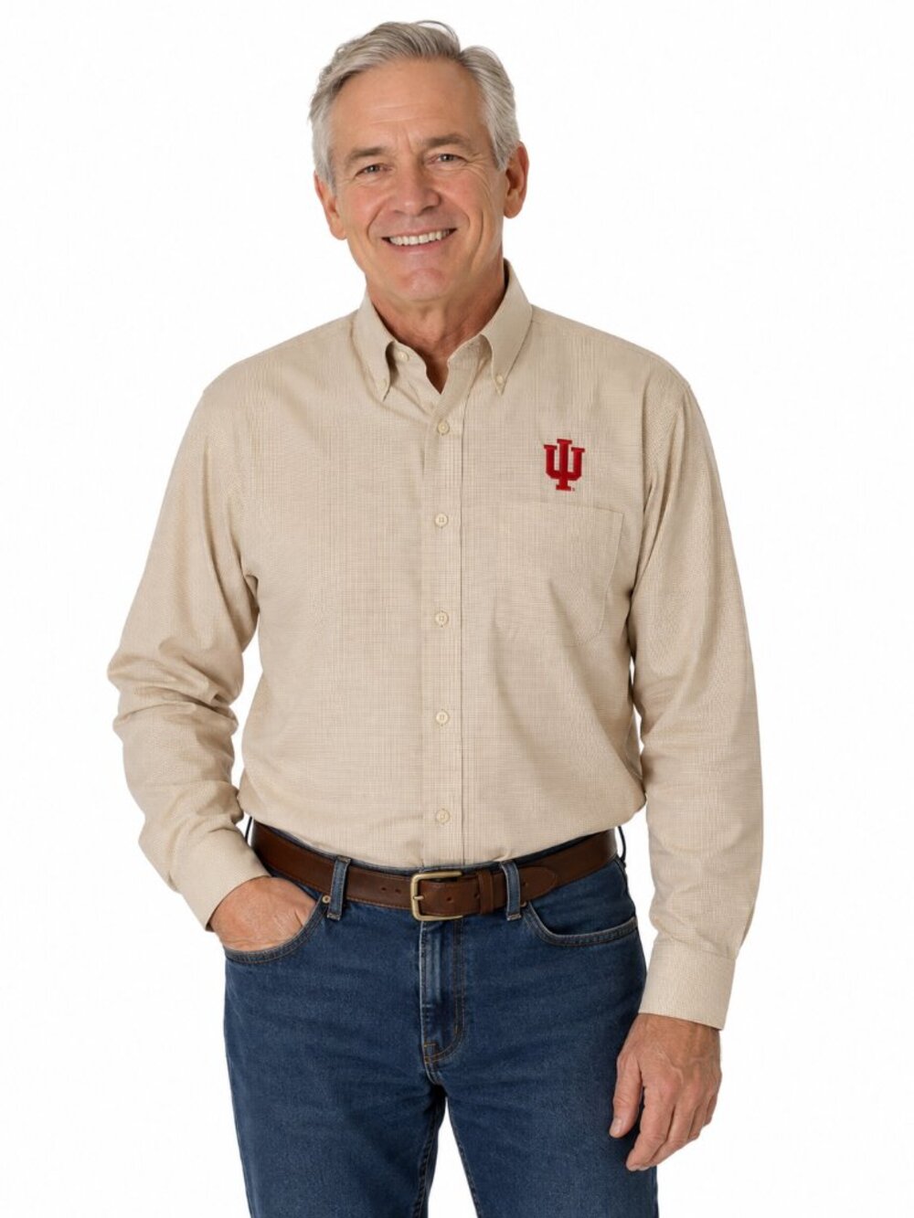 Indiana Hoosiers Mens Shirt Size Small Khaki White Plaid Oxford Brand 100 Cotton